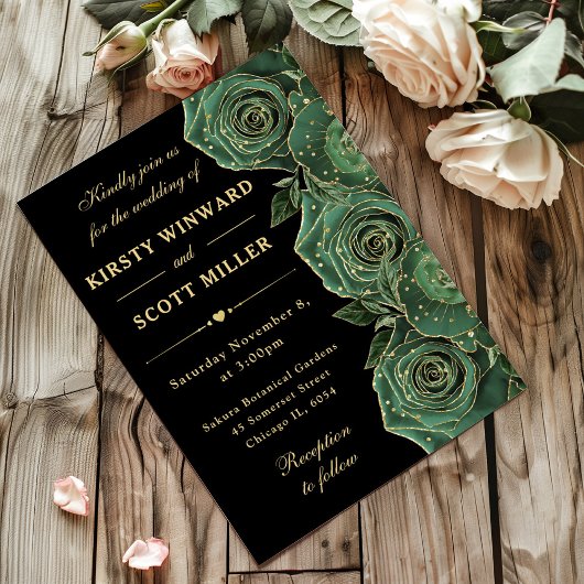 Invitation Roses Fleuris de Mariage Vert et Or
