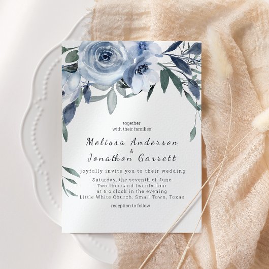 Invitation Roses Fleurs Bleu Poussiéreux Mariage Bohème