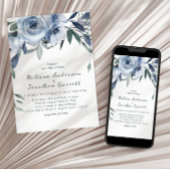 Invitation Roses Fleurs Bleu Poussiéreux Mariage Bohème