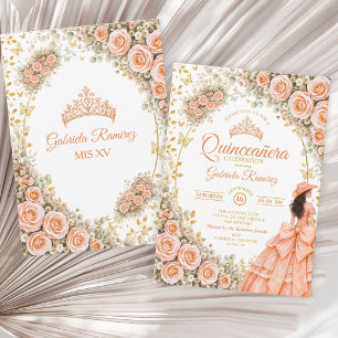 Invitation Roses Fleurs de Pêcher Dorées Quinceañera Occident