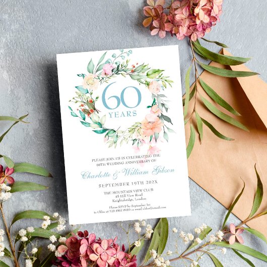 Invitation Roses Fleurs Roses de Noces de Diamant 60 ans