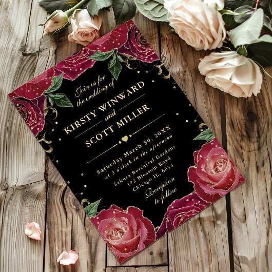 Invitation Roses Fleurs Rouges et Dorées Mariage