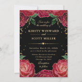 Invitation Roses Fleurs Rouges et Dorées Mariage (Devant)