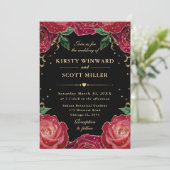 Invitation Roses Fleurs Rouges et Dorées Mariage (Debout devant)