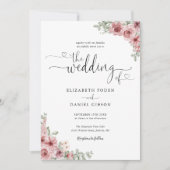 Invitation Roses Floral Cœurs Script Calligraphie Mariage (Devant)
