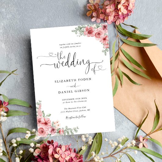 Invitation Roses Floral Cœurs Script Calligraphie Mariage