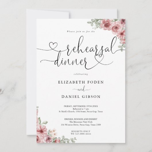 Invitation Roses Floral Heart Script Dîner de Répétition (Devant)