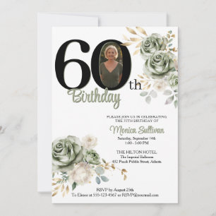 Invitation Roses Floral Vert Sauge Ivoire Photo 60e anniversa