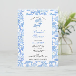 Invitation Roses Florales Bleu Blanc Chinoiserie Mariage