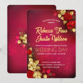 Invitation Roses Florales Moderne Boho Rouge Or (Devant / Derrière)