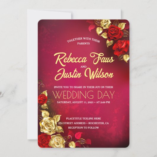 Invitation Roses Florales Moderne Boho Rouge Or (Devant)