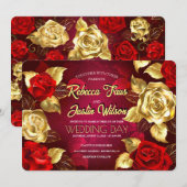 Invitation Roses Florales Moderne Boho Rouge Or (Devant / Derrière)