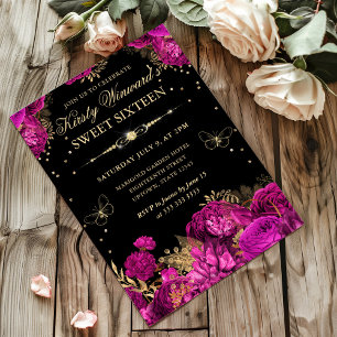 Invitation Roses Florales Rose Chaud et Or Sweet Sixteen