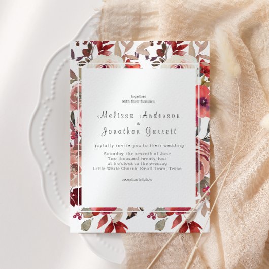 Invitation Roses Florales Rouge Fard Mariage