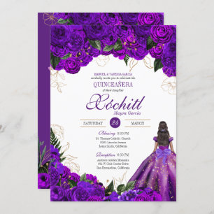 Invitation Roses floraux d'or violet Élégante Quinceanera