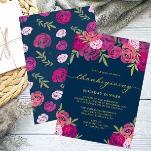 Invitation Roses floraux rose violet bleu Thanksgiving Dîner