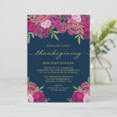 Invitation Roses floraux rose violet bleu Thanksgiving Dîner (Debout devant)