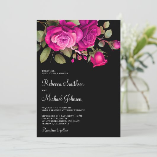 Invitation Roses Fuchsia rose chaud tous en un Mariage noir (Debout devant)
