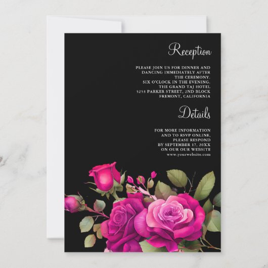 Invitation Roses Fuchsia rose chaud tous en un Mariage noir (Dos)