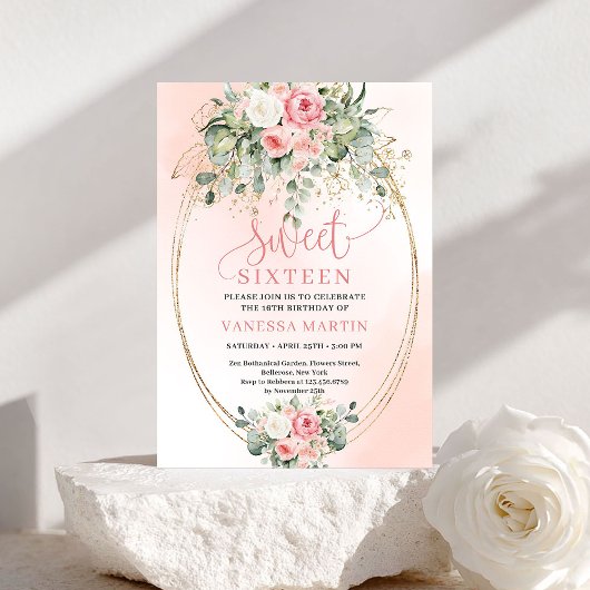 Invitation Roses Fuschia Élégantes Anniversaire 16 Ans Script