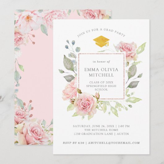 Invitation Roses généreux | Pink Floral Graduation Party (Devant / Derrière)