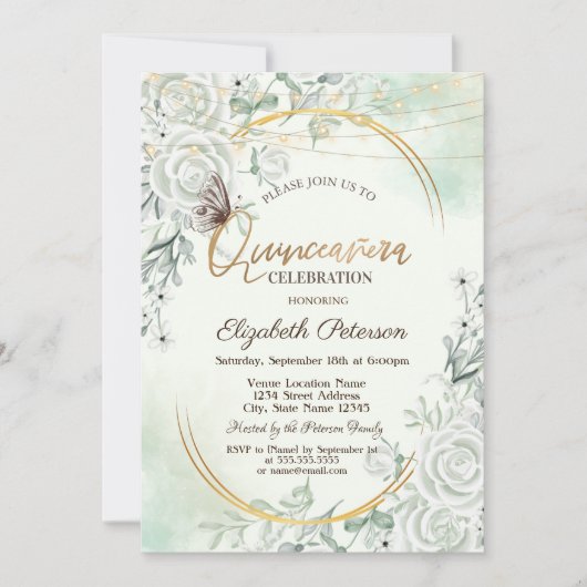 Invitation Roses Glitter Butterfly String Lights Green (Devant)