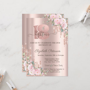Invitation Roses Glitter Drips Rose Gold 18e Anniversaire