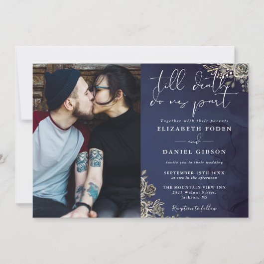 Invitation Roses gothiques bleus de minuit Mariage photo flor (Devant)