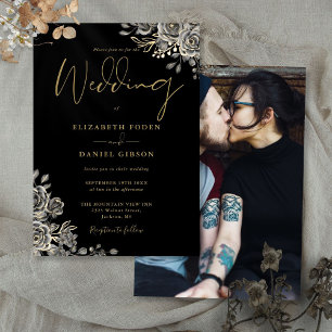 Invitation Roses gothiques Noir et Or Mariage photo Floral