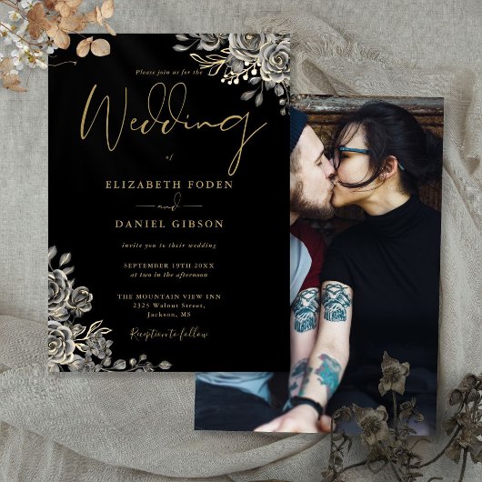 Invitation Roses gothiques Noir et Or Mariage photo Floral