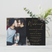 Invitation Roses gothiques Noir et Or Mariage photo Floral (Debout devant)