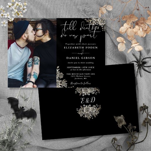 Invitation Roses gothiques noirs et blancs Mariage de photos 
