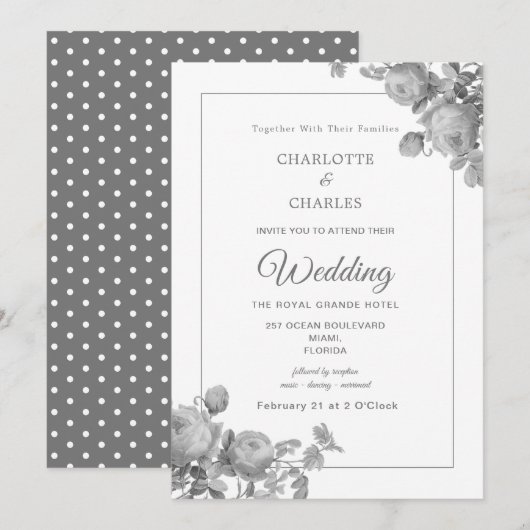 Invitation Roses gris argent Élégant Mariage floral (Devant / Derrière)