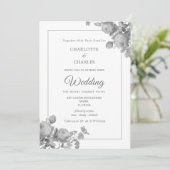 Invitation Roses gris argent Élégant Mariage floral (Debout devant)