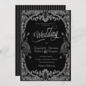 Invitation Roses gris, Mariage gothique rayé (Devant / Derrière)