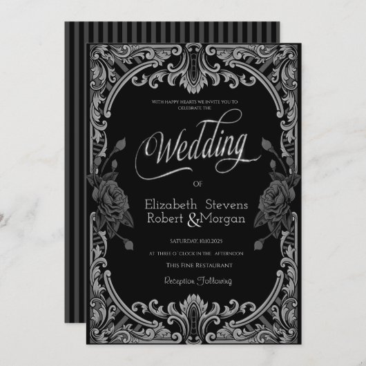 Invitation Roses gris, Mariage gothique rayé (Devant / Derrière)