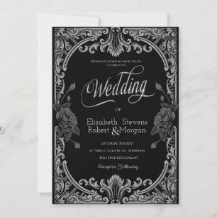 Invitation Roses gris, Mariage gothique rayé