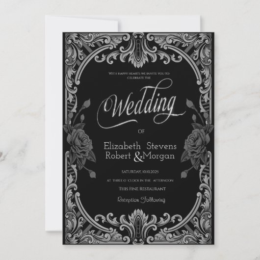 Invitation Roses Grises, Mariage Gothique Rayures (Devant)