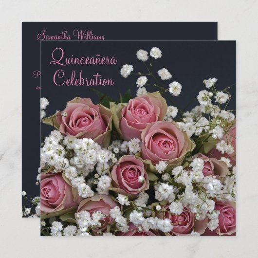 Invitation Roses & Gypsophila Bouquet Quinceañera (Devant / Derrière)