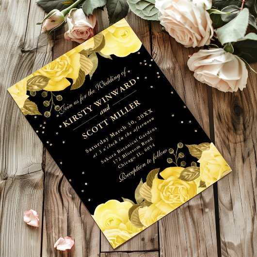 Invitation Roses Jaunes Bordure Mariage Floral