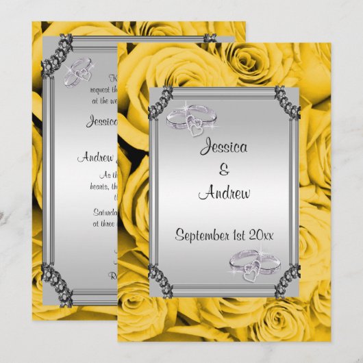 Invitation Roses jaunes et anneaux de Mariage diamant (Devant / Derrière)