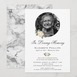 Invitation Roses Jaunes Marbre Argent Photo Mémorial Funérail