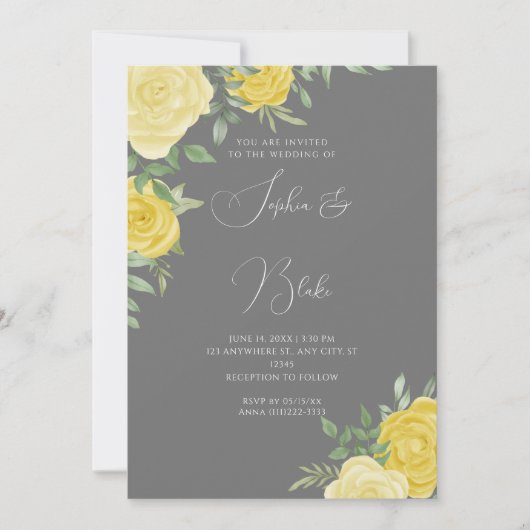 Invitation Roses Jaunes modernes Élégant Mariage gris (Devant)