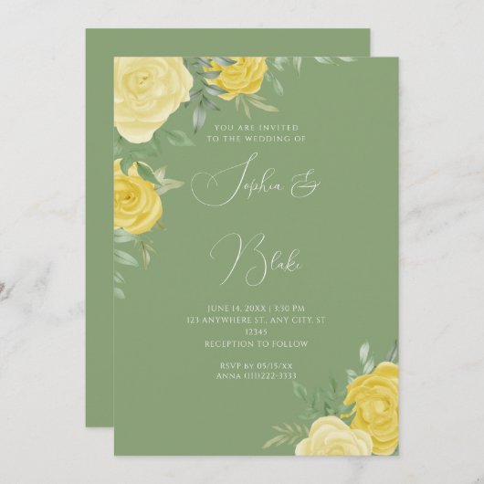 Invitation Roses Jaunes Modernes Élégant Mariage Vert (Devant / Derrière)