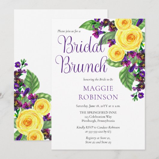 Invitation Roses jaunes | Violets Boho Floral Bridal Brunch (Devant / Derrière)