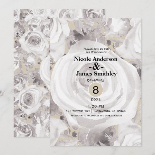 Invitation Roses Kraft Rustiques Blanches pour Mariage d'Hive (Devant / Derrière)