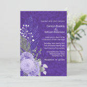 Invitation Roses lavande sur mariage damassé violet (Debout devant)