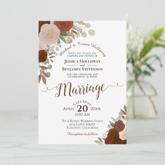 Invitation Roses Mariages d'aquarelle rouille orange et pêche (Debout devant)