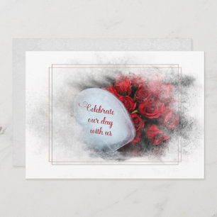 Invitation roses mariages et coeur de glace dans cadre textur