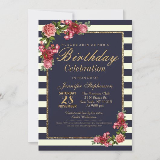 Invitation Roses Navy Stripes et Gold Birthday Party (Devant)